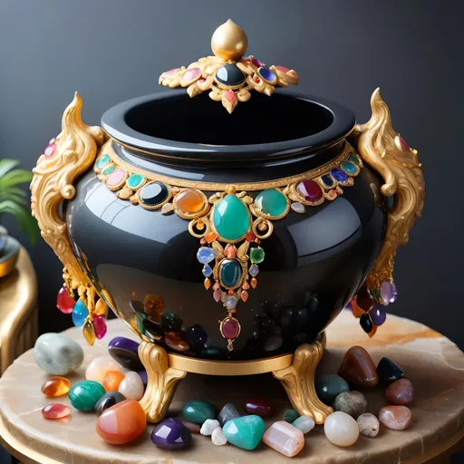 Prompt: giant Onyx and gold pot overflowing with gemstones  and treasures inside.