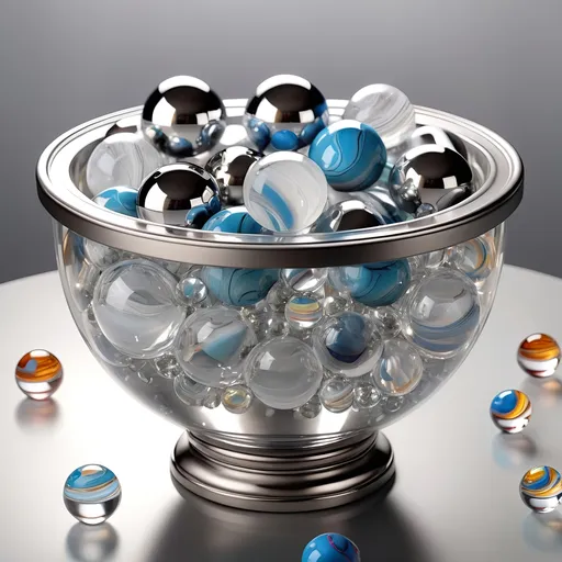 Prompt: Clear crystal pot with platinum accents, filled with marbles, highres, detailed, luxurious, 3D rendering, elegant, crystal clear, platinum shine, opulent, vibrant marbles, reflective surface