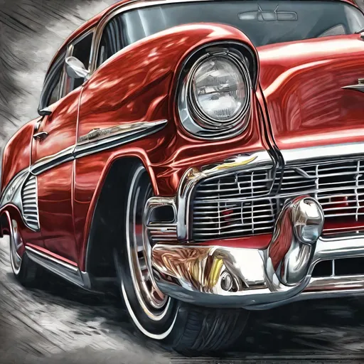 Prompt: Highly detailed 1956 Chevy illustration, classic car, vintage vehicle, glossy finish, vibrant colors, dynamic perspective, realistic shading, traditional illustration, classic American car, retro vibes, nostalgic atmosphere, best quality, highres, ultra-detailed, classic car illustration, vintage, vibrant colors, traditional style, dynamic perspective, realistic shading, retro vibes, nostalgic atmosphere