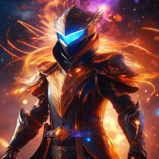 Prompt: Futuristic battle mage with faceless visor and fire magic, astral sorcerer, fireworks background, highres, futuristic, detailed visor, mystical, intense fire effects, cosmic colors, sorcery, magical, futuristic lighting