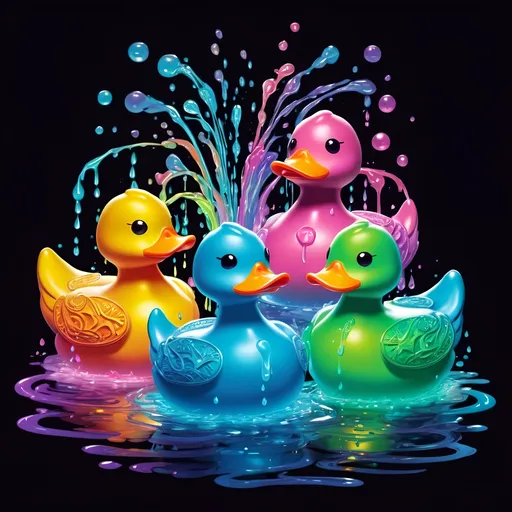 Prompt: A four-way fountain each side filled with strange glowing dancing rubber duck shaped slimes in many colors, in zen tangle art style
