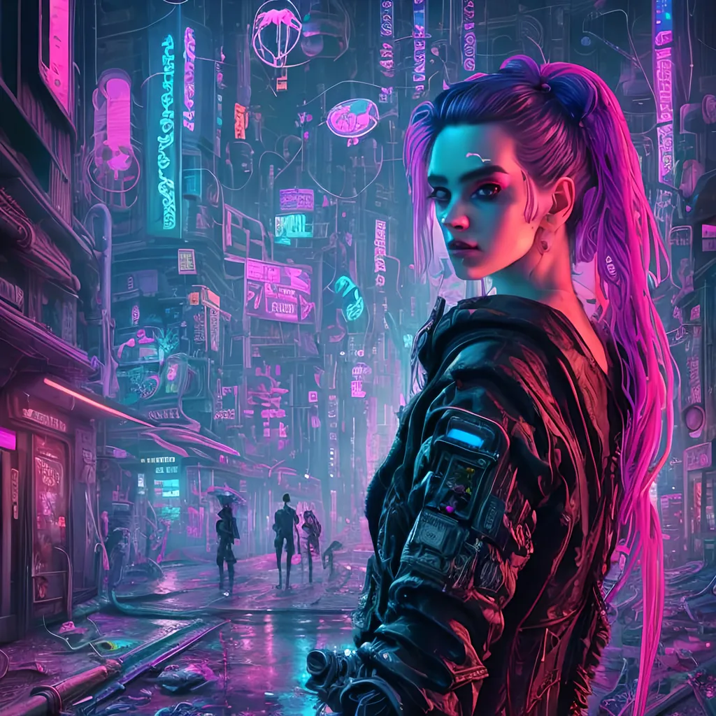 Prompt: A detailed portrait of a cyberpunk victorian pretty lady in a Futuristic Cityscape and Neon Pink Flamingo, Street Art, Graffiti Style, Bold, Digital Painting, Urban, Edgy, Colorful, 8K, Intricate Details illuminated by a neon sunset, by Alex Konstad, Tatsuya Ishida, and Patrick Brown, dramatic lighting, hyper-realistic details, with digital painting techniques, trending on Artstation, cinematic cinematic lighting.