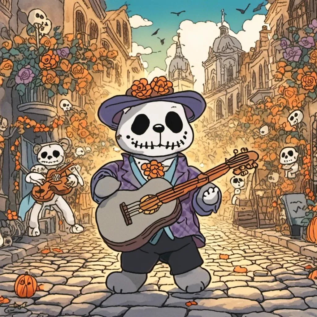 Prompt: a teddy bear dressed in dias de los muertos attire, he is surrounded by an old cobblestone city background.
<mymodel>