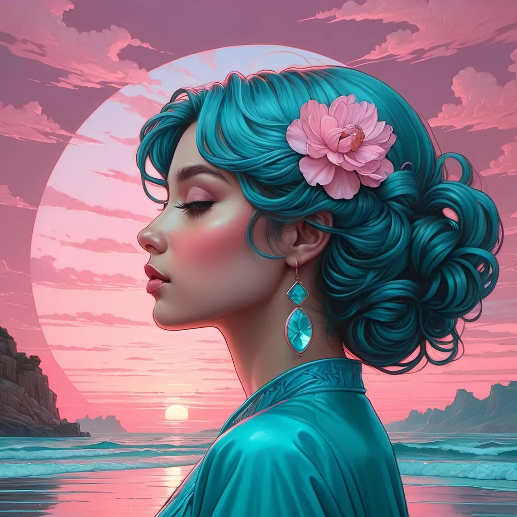 Prompt: muted pink sky and blue aqua sisyphean miracle minimalist emotionally impactful beauty in a surreal pop art style whispering in quirky fun casey weldon mucha davinci and guweiz illustration painting