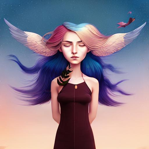 Prompt: In style of christian Schloe and daria Petrilli, a giant colorful bird flying with a beautiful cute girl with a very long and wild  ombre gradient blue hair on its back in a beautiful starry sky. Craquelure, egg tempera effect, Naive art, extremely detailed, optical illusion, oil painting 