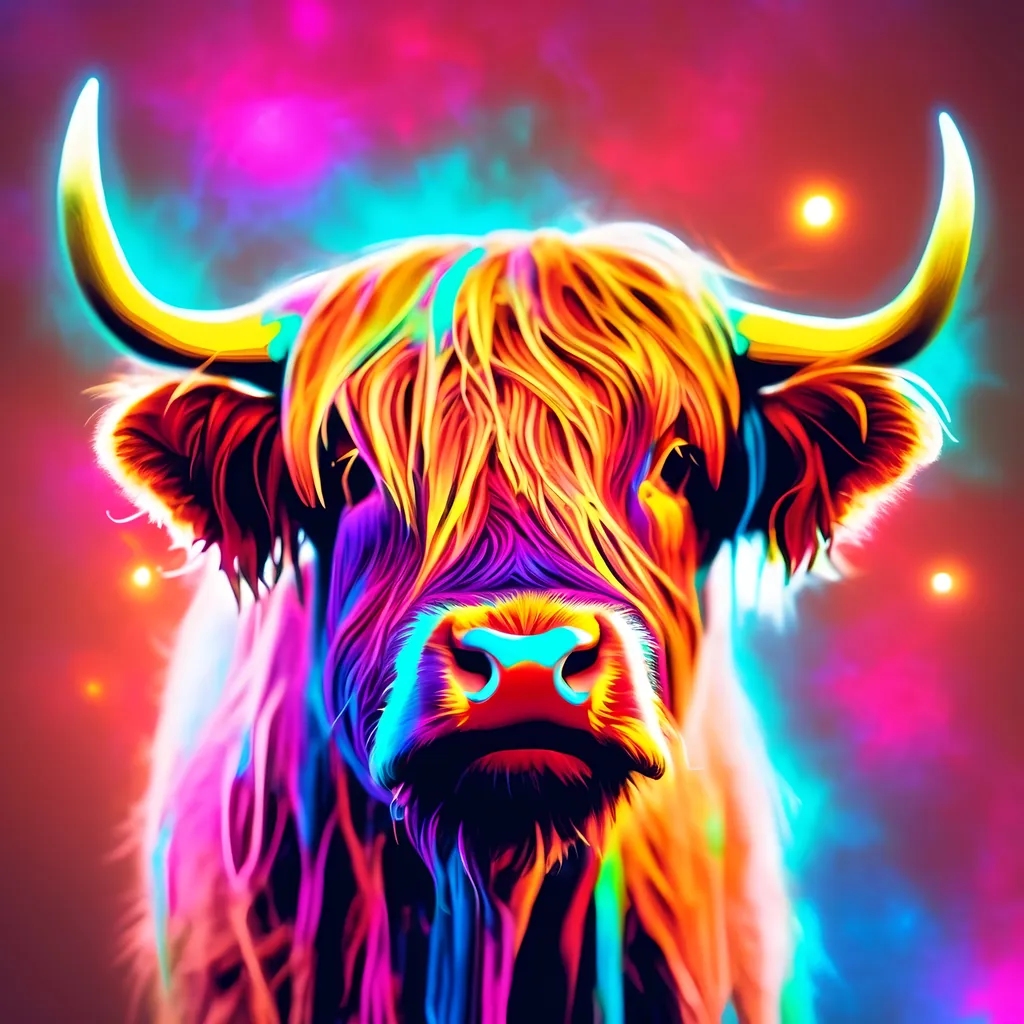 Prompt: dwarf highland cow with cosmic overlay. Neon colors.