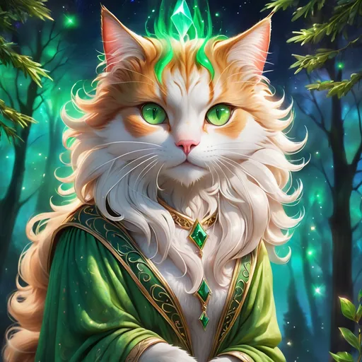 Prompt: wizard cat with {green fur} and {emerald green eyes}, senior female cat, earth element, trees, Erin Hunter, gorgeous anime portrait, beautiful cartoon, 2d cartoon, beautiful 8k eyes, elegant {green fur}, pronounced scar on chest, fine oil painting, modest, gazing at viewer, beaming green eyes, glistening green fur, low angle view, zoomed out view of character, 64k, hyper detailed, expressive, timid, graceful, beautiful, expansive silky mane, deep starry sky, golden ratio, precise, perfect proportions, vibrant, standing majestically on a tall crystal stone, hyper detailed, complementary colors, UHD, HDR, top quality artwork, beautiful detailed background, unreal 5, artstaion, deviantart, instagram, professional, masterpiece