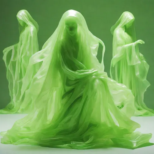 Prompt: Lime green Poltergeist ghostly figures, silouet plastic, slumped/draped, xiaofei yue, hurufiyya, in the style of ethereal calm and serene beauty, mysterious beauty, wrappedbio-art, Artgerm 