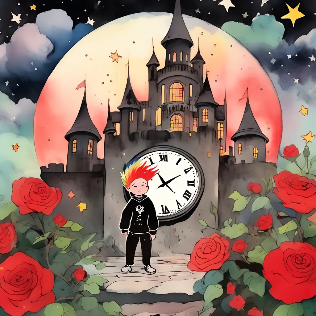 Prompt: in the style of sumi-e Outside a grand castle under a starry sky a cute adventurer with a rainbow mohawk gazes at a celestial time clock surrounded by red and black roses 