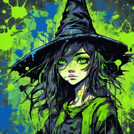 Prompt: Highly Detailed Ink Splatter Grunge, a big acid green eyed witchy cute girl, in a dark castle, Manga style, pretty face, full body, chipped peeling, cracked course, saturated colourful, textured paint, negative-digital, abstract background, graffiti tags, neon blues, intricate background, luminism, ultra detailed, 32k, Fantastic realism complex background, dynamic lighting, lights, digital painting, 3D effect, intricate pose, intricate highly detailed, art by Konstantin Makovsky, Mandy Disher and Victoria Francis
, Broken Glass effect, no background, stunning, something that even doesn't exist, mythical being, energy, molecular, textures, iridescent and luminescent scales, breathtaking beauty, pure perfection, divine presence, unforgettable, impressive, breathtaking beauty, Volumetric light, auras, rays, vivid colors reflects