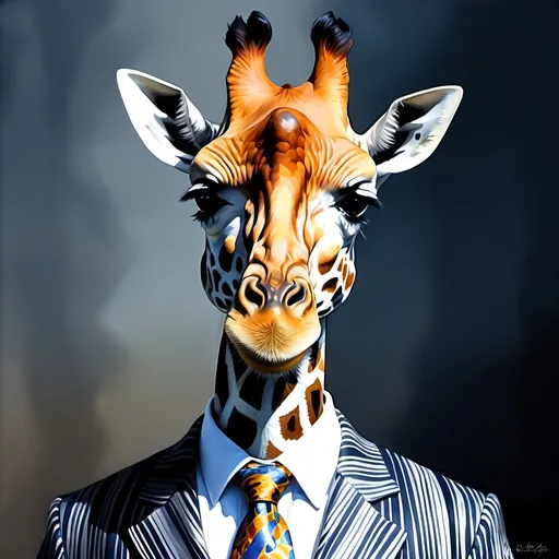 Prompt: a giraffe with big dark-blue eyes is wearing a b&w zebra striped suit and a colorful rococo fashion tie with a matching pocket scarf, in the style of Andreas Rocha and Paul Hedley, maximum detailed portrait, golden nose ring, silver filigree, elegant, intricate details, rich colors, thick texturized impasto oil paint, high society medieval grunge, elite, haute-couture 