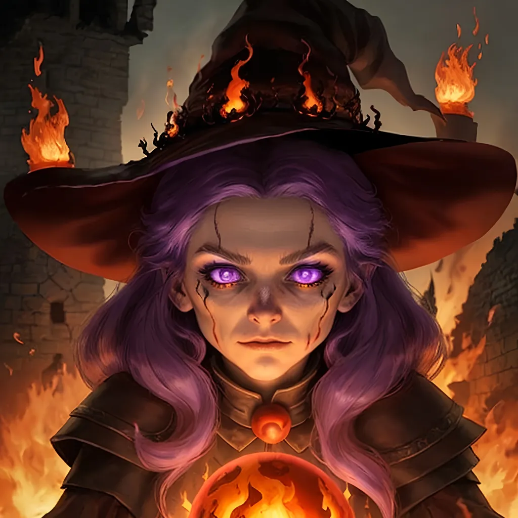 Prompt: fire witch face with small  number of flames on her cheeks holding a purple orb, background a burned castle