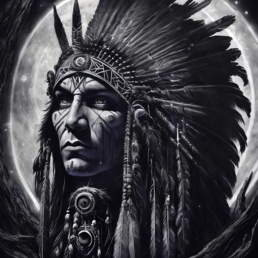 Prompt: Center, Blue Moon, Divine, all-seeing native American, protector of all, symbolism, gothic painting, black and white, cosmic order, transcendence, detailed eyes, intricate symbolism, high res, ultra-detailed, gothic, cosmic, monochrome, intense gaze, majestic, atmospheric lighting