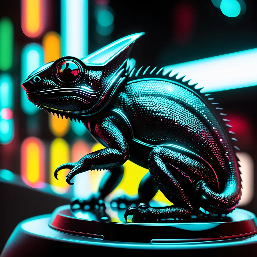 Prompt: small chameleon, metallic and sleek design, futuristic sci-fi style, intense black and white color scheme, sparkling neon lights, miniature scale, highres, ultra-detailed, sci-fi, futuristic, metallic sheen, intense color scheme, miniature scale, neon lights, detailed design, professional, atmospheric lighting