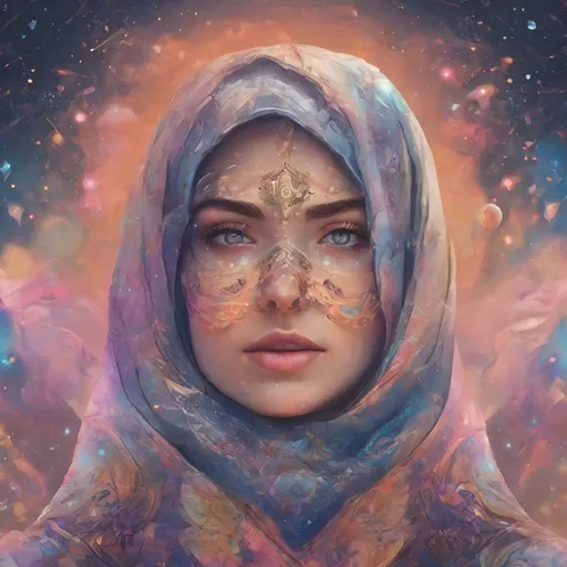 Prompt: Beautiful woman in hijab shooting galaxies from her eyes, digital illustration, cosmic atmosphere, intense gaze, flowing hijab with cosmic patterns, vibrant and dreamy, high quality, cosmic digital art, radiant colors, ethereal lighting