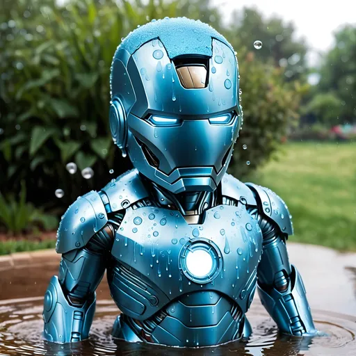 Prompt: Baby blue Iron Man suit that is covered in water droplets.