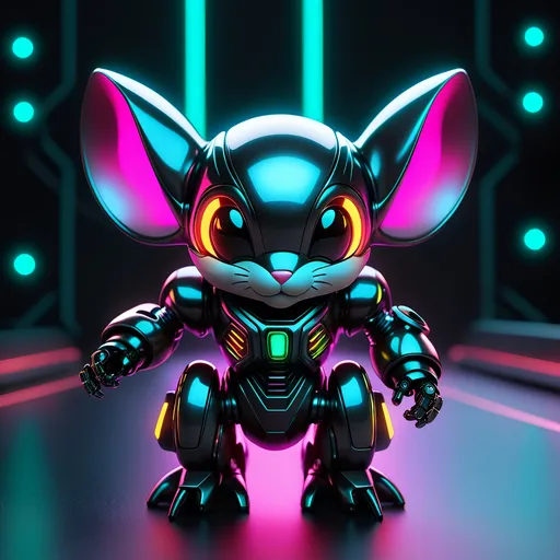 Prompt: Tiny mouse mech, metallic and sleek design, futuristic sci-fi style, intense grey and black color scheme, sparkling neon lights, miniature scale, highres, ultra-detailed, sci-fi, futuristic, metallic sheen, intense color scheme, miniature scale, neon lights, detailed design, professional, atmospheric lighting