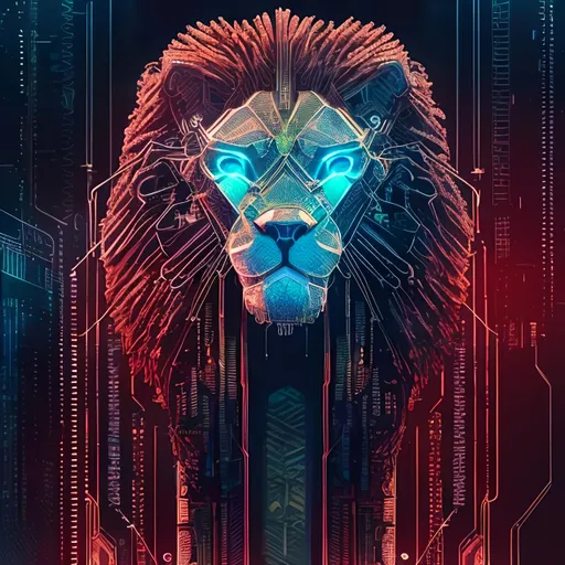 Prompt: Detailed cyberpunk illustration of a lion's head, intricate circuit board design, futuristic techno style, high-quality, ultra-detailed, cyberpunk, internet style, cool tones, intricate details, atmospheric lighting