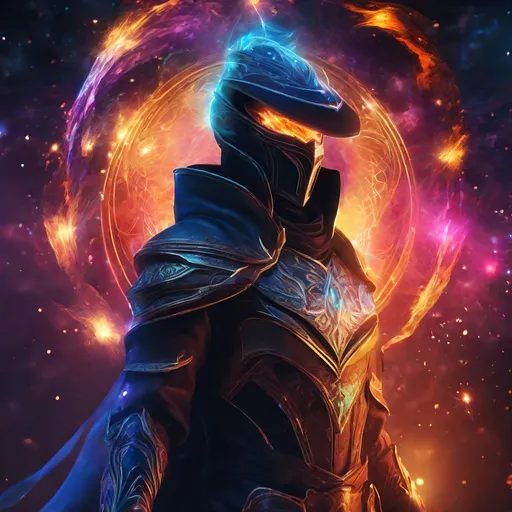 Prompt: Futuristic battle mage with faceless visor and fire magic, astral sorcerer, fireworks background, highres, futuristic, detailed visor, mystical, intense fire effects, cosmic colors, sorcery, magical, futuristic lighting