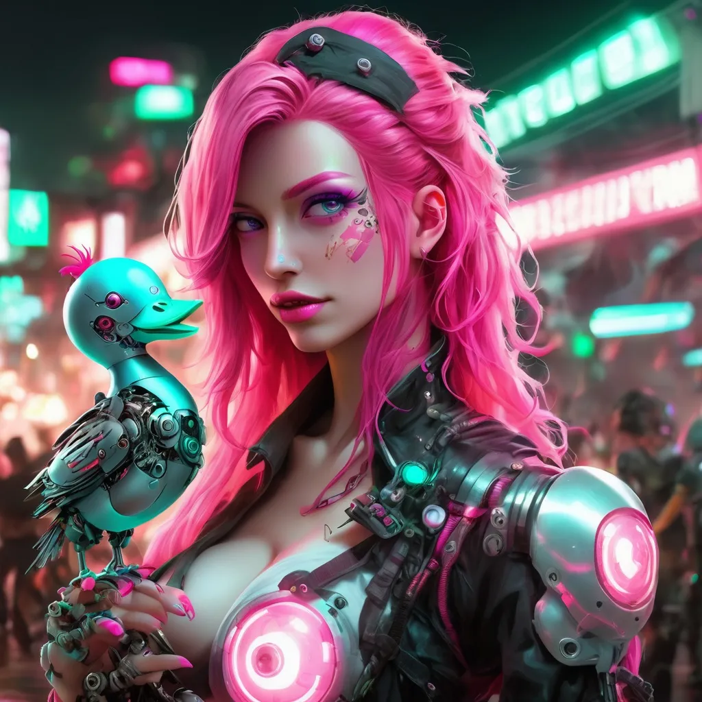 Prompt: Beautiful cybernetic female pirate with long neon pink hair that glows. Put a small robotic duck in the background.