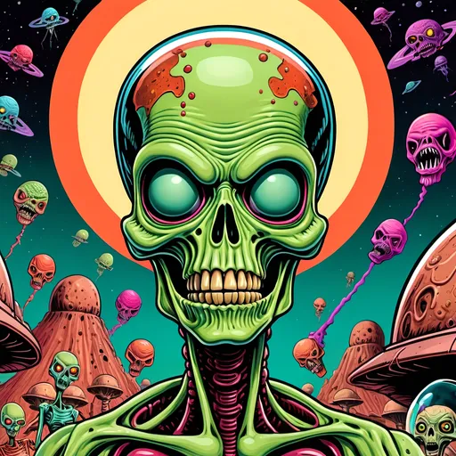 Prompt: Mars  attacks alien

Science Fiction,
Cosmic horror,
Body horror,
Dread,
Retrofuturism,
Strange and otherworldly,
Eclecticism,

Fine inking,
Clean linework,
Flat shading,
Colour transitions,
Beautiful forms,
Triadic colour palette,
Unsettling colour palette,
Dark vibrancy,
Darkness,
Intricate details,
Storytelling,
Dynamic Poses,
High quality,
Sharp focus,
Tight colour range,
