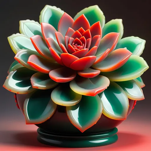 Prompt: Onyx pot with jade accents, with neon red succulent, jade handles, highres, detailed, realistic painting, vibrant colors, natural lighting, intricate details, luxurious material, botanical illustration, elegant design, rich green tones, polished surfaces, high quality, realistic, succulent, onyx and jade pot, vibrant, natural lighting, intricate details, luxurious material, botanical illustration, elegant design, rich green tones, polished surfaces