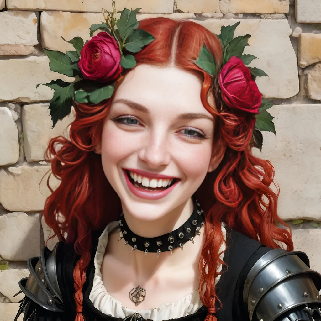 Prompt: botticelli beautiful goth punk rock woman medieval grunge rebellion laughing smile 