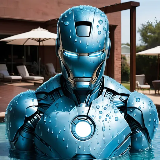 Prompt: Baby blue Iron Man suit that is covered in water droplets.