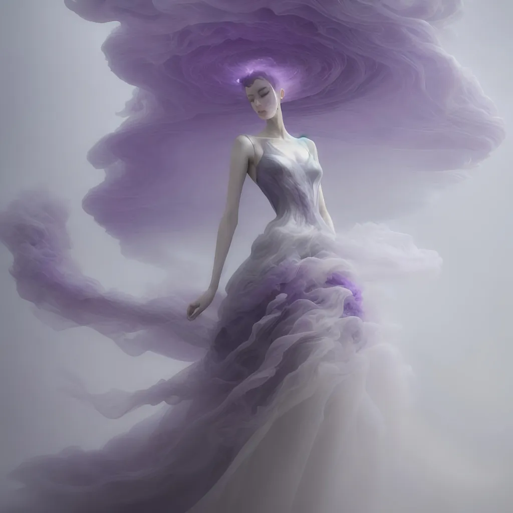 Prompt: model wearing a dress made of purple smoke and fog, futuristic dress by cibeta, in the style of samantha keely smith, yanjun cheng, rosalba carriera, weathercore, white and gray, mythical, vorticism