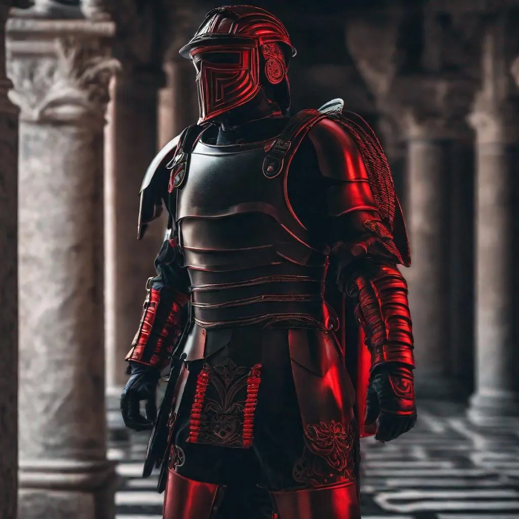 Prompt: A modern roman military male in black military armor covered in red L.E.D. strips, galea helmet of roman armor, and gas mask, background World War 3, Hyperrealistic, sharp focus, Professional, UHD, HDR, 8K, Render, electronic, dramatic, vivid, pressure, nervous vibe, loud, tension, dark, Epic