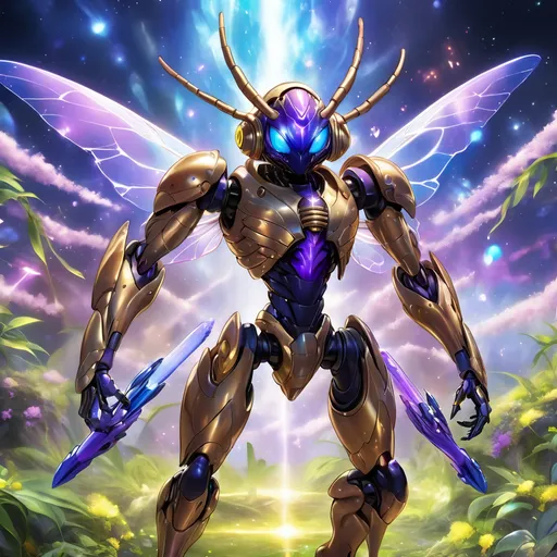Prompt: tarantula clad in shimmering gold exoskeleton with a tan neck fluff and blue carpenterbee eyes

Vivid purple mantis surrounded by glowing swirling iridescent violet energy as it prepares to Obliterate the world
Black guy brown skin 
Within this 8K anime-style but also a captivating Digimon companion standing by your side. The bee, with its glowing brown skin and animated afro hairstyle, exudes vitality. In your grasp, the luminous lightsaber adds an element of forceful determination, all meticulously detailed in the anime aesthetic.

Your focused expression as you tap into the force is complemented by the presence of your Digimon companion. This digital creature, intricately designed in the high-definition resolution, stands by your side, ready for the cosmic adventure. Against the futuristic dreamscape backdrop, swirling galaxies and vivid lighting create an enchanting atmosphere.

Together, you and your Digimon companion become central figures in this 8K anime masterpiece, blending dynamic character design, force manipulation, and the digital mystique of the Digimon universe, all rendered in stunning detail.