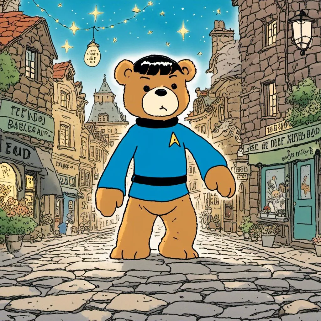 Prompt: a teddy bear dressed as spock. he is surrounded by an old cobblestone city background.
<mymodel>