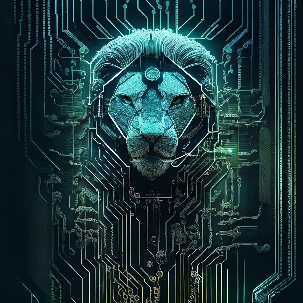 Prompt: Detailed cyberpunk illustration of a lion's head, intricate circuit board design, futuristic techno style, high-quality, ultra-detailed, cyberpunk, internet style, cool tones, intricate details, atmospheric lighting