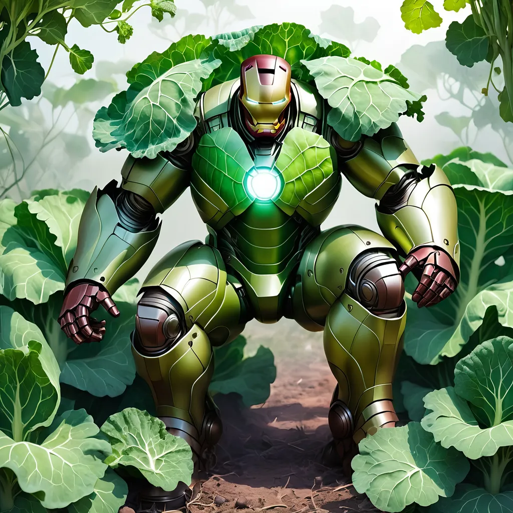 Prompt: Light green Iron Man suit that seems made of cabbage leaves Overgrown iron plant