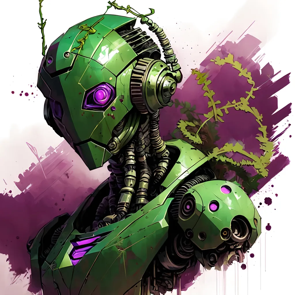 Prompt: cartoon locust robot , cyberpunk tones, cyberpunk colors, mechanical environnement with vines and vegetation
