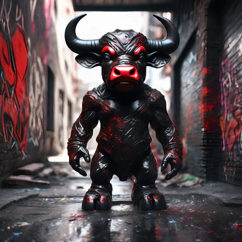 Prompt: A black and red translucent small dwarf bull humanoid made of black carbon fiber, graffiti all over it, standing up in the ghetto, highly detailed painting, photorealistic, sparkles, magical atmosphere, 8k