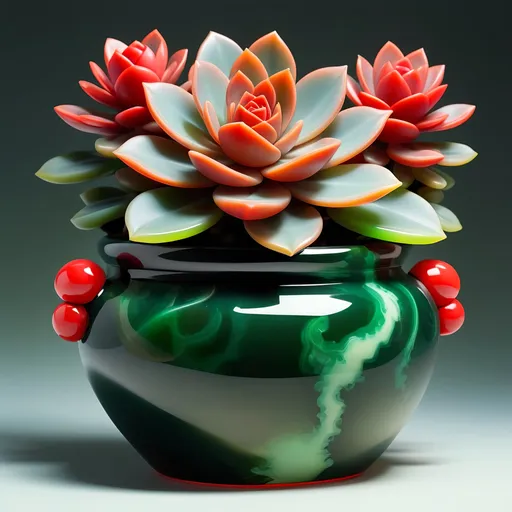 Prompt: Onyx pot with jade accents, with neon red succulent, jade handles, highres, detailed, realistic painting, vibrant colors, natural lighting, intricate details, luxurious material, botanical illustration, elegant design, rich green tones, polished surfaces, high quality, realistic, succulent, onyx and jade pot, vibrant, natural lighting, intricate details, luxurious material, botanical illustration, elegant design, rich green tones, polished surfaces