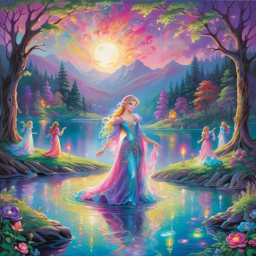 Prompt: Lisa Frank's style portrays a medieval legend where ethereal beings, illuminated as will-o'-the-wisps, dance around an ancient, moonlit lake. The scene is rich in romantic symbolism, with the will-o'-the-wisps depicted as delicate, ghostly figures. Their dance creates a mesmerizing pattern of light, leading the viewer's eye through the mystical, moonlit waterscape. 