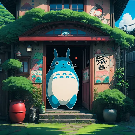 Prompt: studio ghili scene of graffiti in house spirited away combined with totoro 