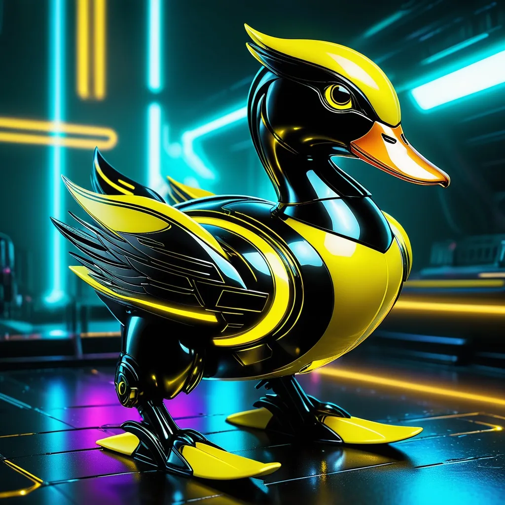 Prompt: Tiny duck mech, metallic and sleek design, futuristic sci-fi style, intense yellow and black color scheme, sparkling neon lights, miniature scale, highres, ultra-detailed, sci-fi, futuristic, metallic sheen, intense color scheme, miniature scale, neon lights, detailed design, professional, atmospheric lighting