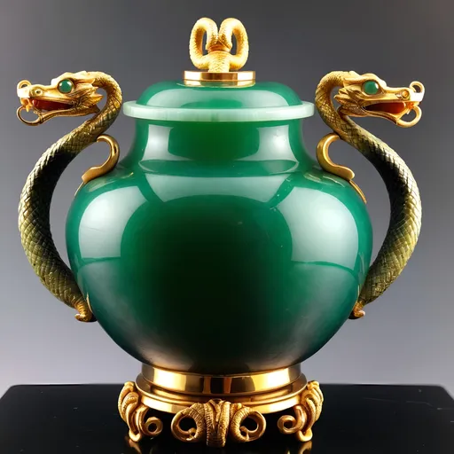 Prompt: Onyx and jade pot. Gold serpent handles.