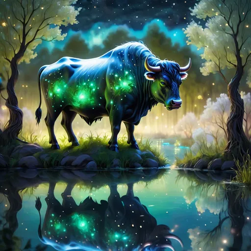Prompt: An fantasy translucent miniature bull that is glowing on a lake surrounded by willows. Starry night. Bioluminescent. Beautiful. Majestic. Graceful. Terrifying. Powerful. Highly detailed painting. 8k.