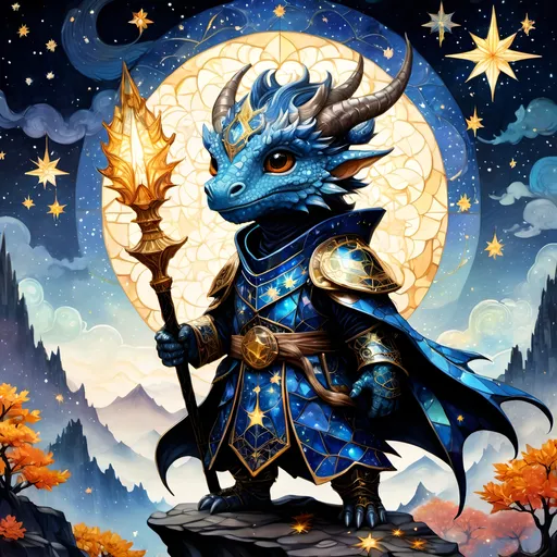 Prompt: an adorable chibi dragonborn wizard, dark starry night, gorgeous eyes, stained glass, fantasy illustration, textured with large visible brush strokes, detailed scales, hypermaximalism, astral patterns, star lit sky, masterpiece, breathtaking intricate details, in the style of Andreas Lie, van Gogh, Hokusai, Luke Gram, Albert Robida, Victo Ngai