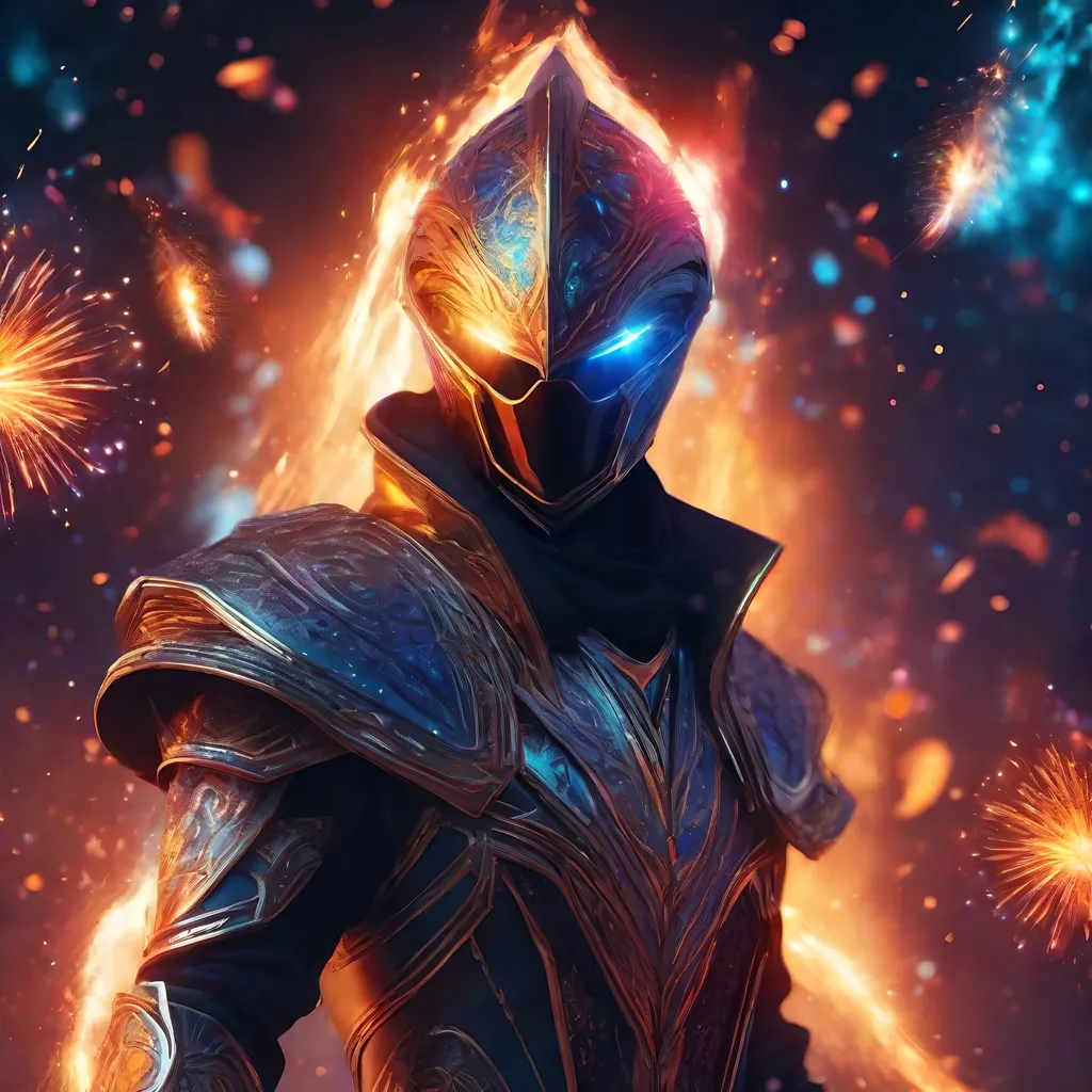 Prompt: Futuristic battle mage with faceless visor and fire magic, astral sorcerer, fireworks background, highres, futuristic, detailed visor, mystical, intense fire effects, cosmic colors, sorcery, magical, futuristic lighting