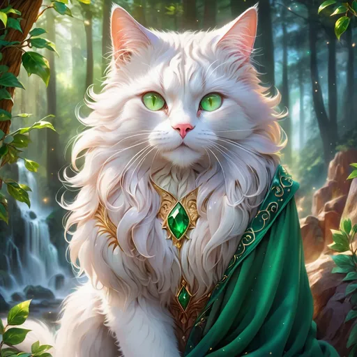 Prompt: wizard cat with {green fur} and {emerald green eyes}, senior female cat, earth element, trees, Erin Hunter, gorgeous anime portrait, beautiful cartoon, 2d cartoon, beautiful 8k eyes, elegant {white fur}, pronounced scar on chest, fine oil painting, modest, gazing at viewer, beaming green eyes, glistening green fur, low angle view, zoomed out view of character, 64k, hyper detailed, expressive, timid, graceful, beautiful, expansive silky mane, deep starry sky, golden ratio, precise, perfect proportions, vibrant, standing majestically on a tall crystal stone, hyper detailed, complementary colors, UHD, HDR, top quality artwork, beautiful detailed background, unreal 5, artstaion, deviantart, instagram, professional, masterpiece