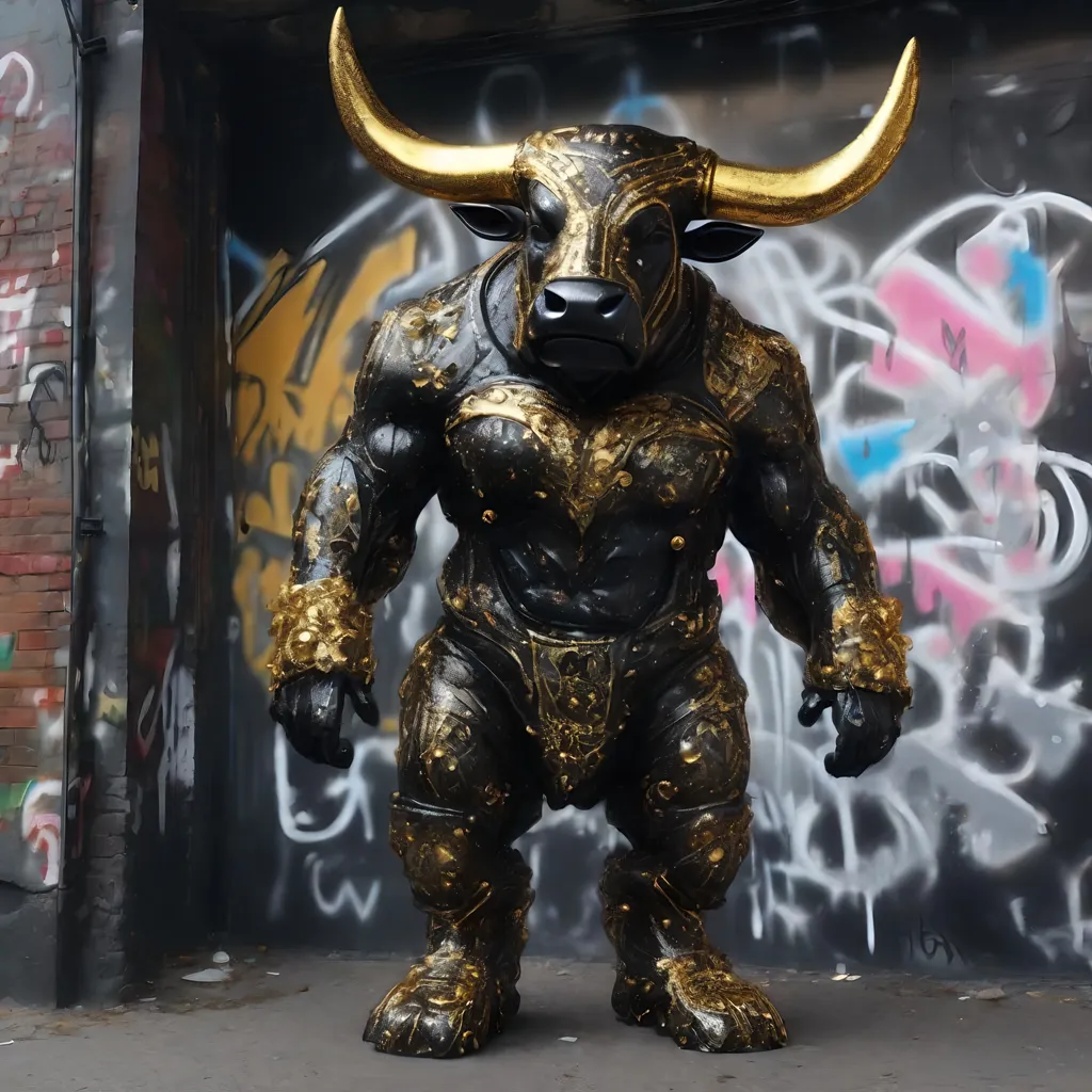 Prompt: A black and gold translucent dwarf bull humanoid made of black metal, graffiti all over it, standing up in the ghetto, highly detailed painting, photorealistic, sparkles, magical atmosphere, 8k