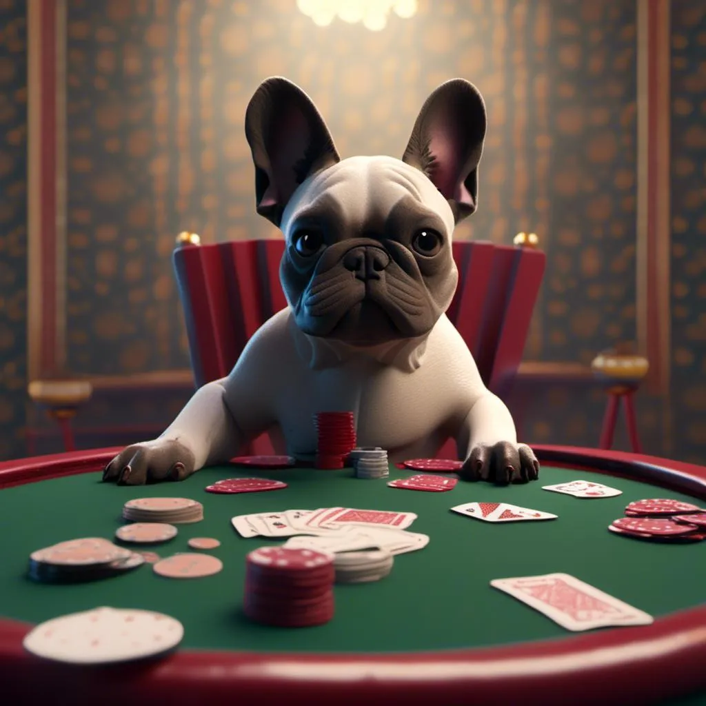 Prompt: <mymodel> a 3d render of a miniature french bulldog playing poker.