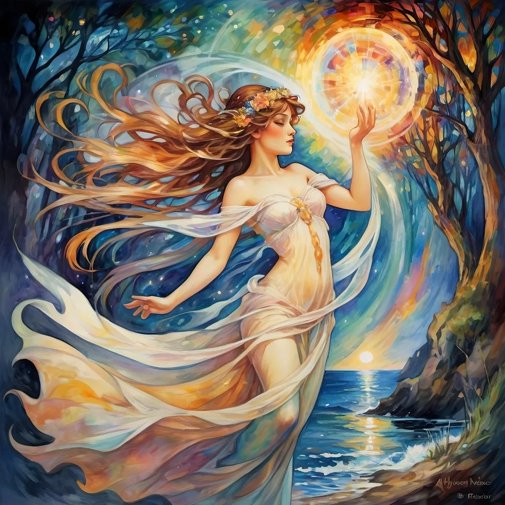 Prompt: alphonse mucha and leonid afremov style, fairytale moment, magical, various will-o'-the-wisp emerging from a bifrost, animal ghosts, is made in ink, gentle and good, beautiful, spiritual guides, folk-inspired illustrations, colorful, luminescent lightscapes, repeating pattern, celestialpunk, suffolk coast views, balinese 