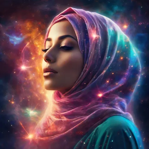 Prompt: Beautiful woman in hijab exhaling stars and galaxies, bright lasers shooting from her eyes, ethereal smoke, cosmic, surreal, vibrant colors, atmospheric lighting, digital art, high quality, detailed features, flowing hijab, mystical, ethereal beauty, cosmic atmosphere, surrealistic, mystical atmosphere, stars and galaxies, laser eyes, vibrant surrealism