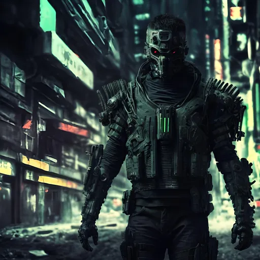 Prompt: Villain. Futuristic military armour with black and NEON trim. Slow exposure. Detailed. Male masked. Dirty. Dark and gritty. Post-apocalyptic Neo Tokyo. Futuristic. Shadows. Sinister. Brutal. Intimidating. Evil. Bionic enhancements. Fanatic. Intense. Hunter